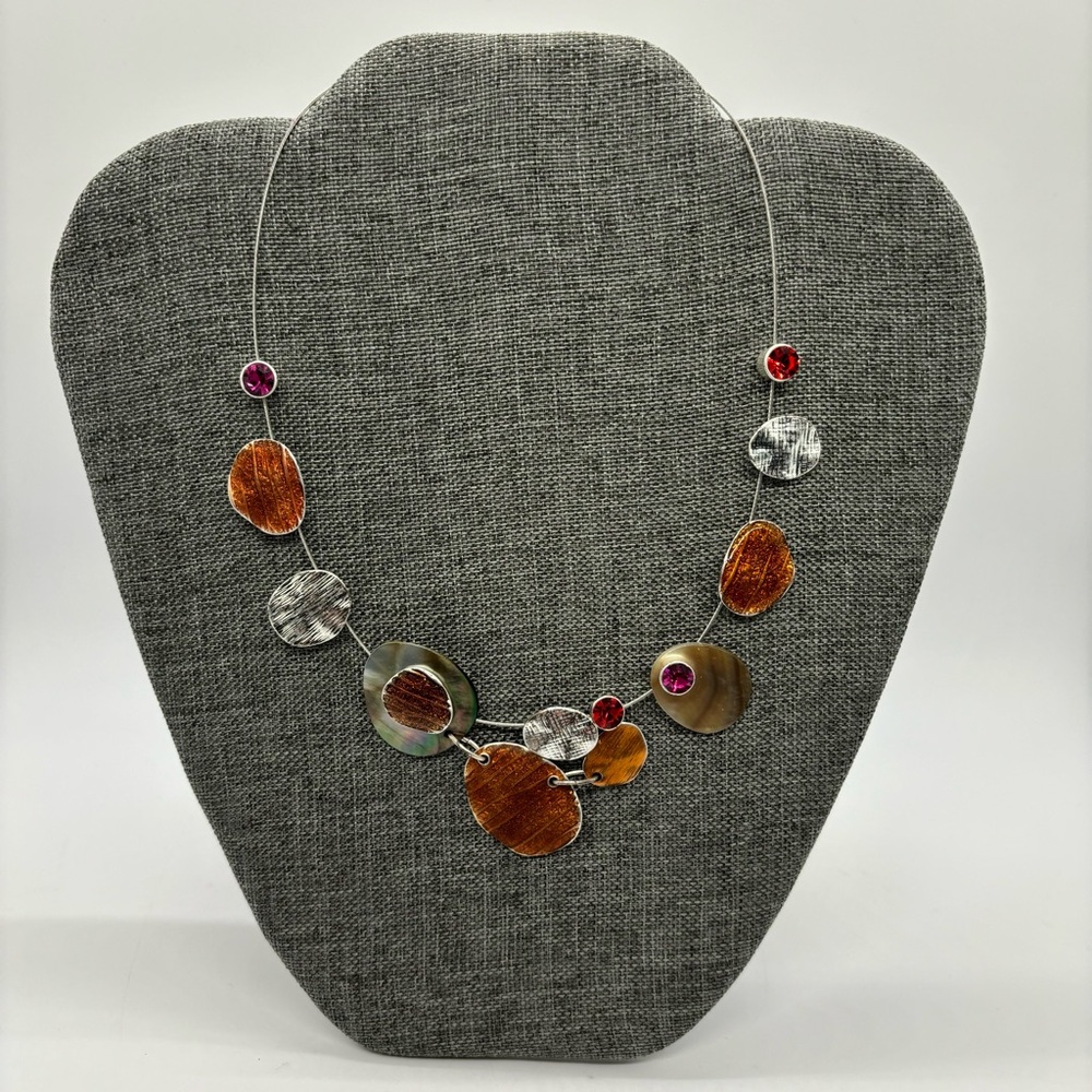Ikita Statement Necklace Wire Silver Circle Pendant Orange Pick Red Silver Tone